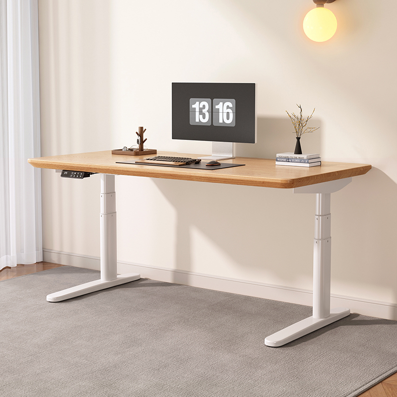 Natural wood color electric height-adjustable desk with white oval legs
